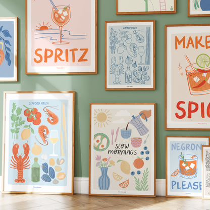 Seafood Pasta Indigo Art Print | Pasta Recipe | Kitchen Wall Art