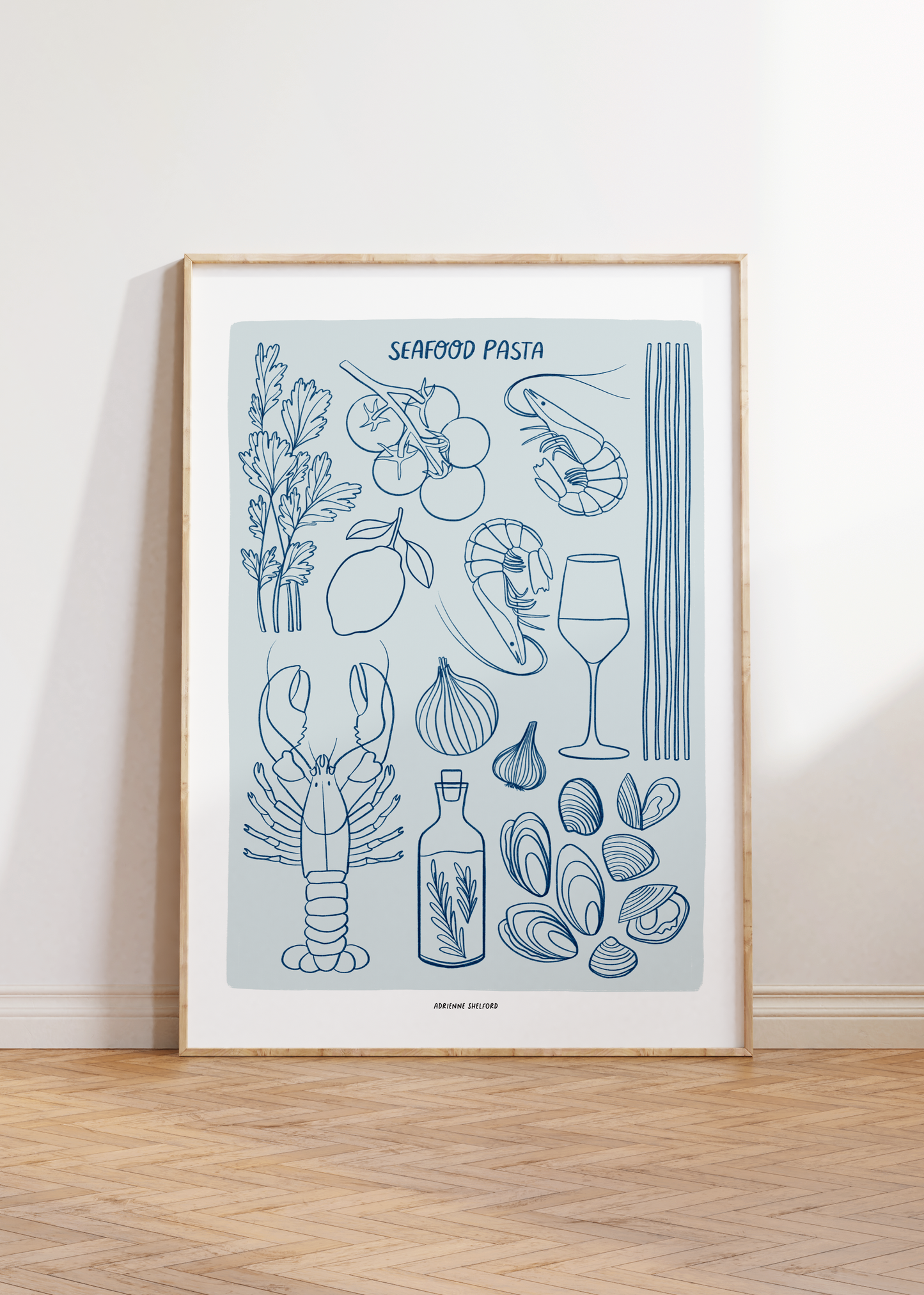 Seafood Pasta Indigo Art Print | Pasta Recipe | Kitchen Wall Art