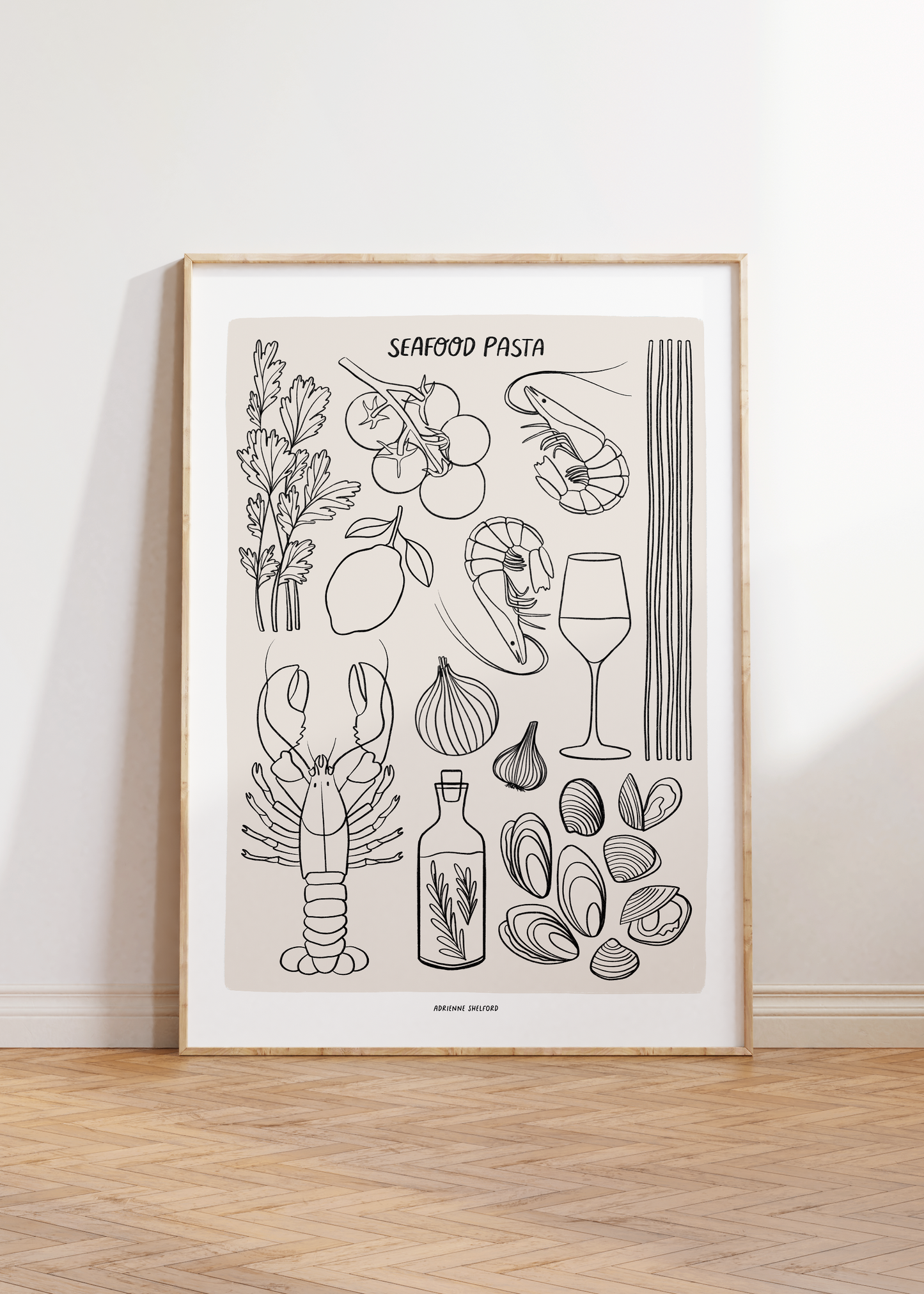 Seafood Pasta Neutral Art Print | Pasta Recipe | Kitchen Wall Art