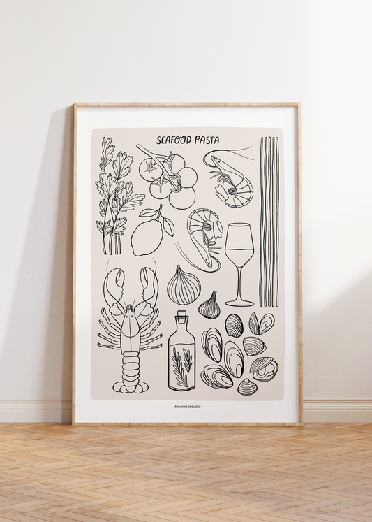 Seafood Pasta Neutral Art Print | Pasta Recipe | Kitchen Wall Art